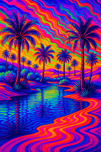 Vibrant, psychedelic oasis scene with palm trees and a reflective waterway under swirling, colorful skies, designed as a striking phone wallpaper for iPhones and Android devices.