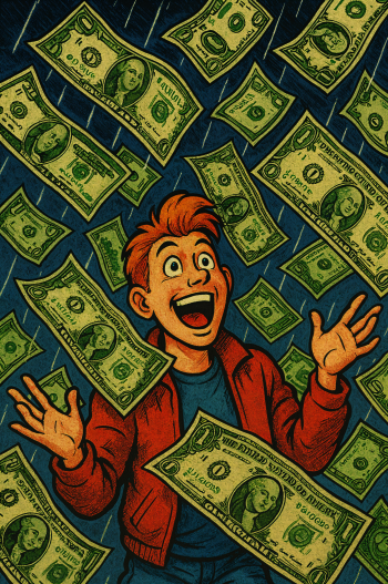 Phone wallpaper for iPhones and Androids featuring a joyful red-haired character surrounded by raining dollar bills against a dark blue background.