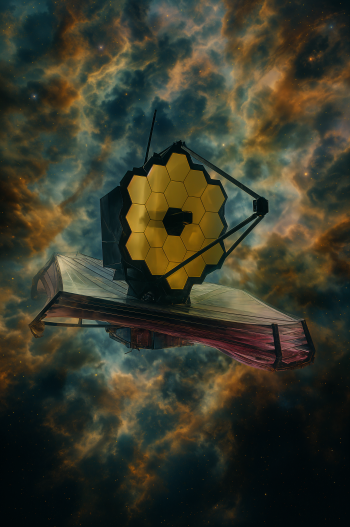 Phone wallpaper for iPhone and Android featuring the James Webb Space Telescope against a vibrant cosmic nebula background.