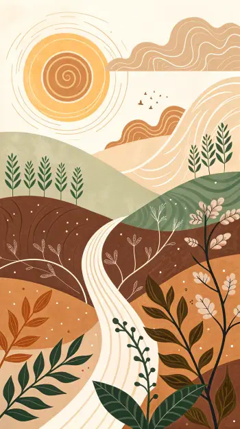 Abstract phone wallpaper for iPhone and Android depicting a serene landscape with rolling hills, plants, a winding path, and a stylized sun, reflecting themes of self-care and calm.