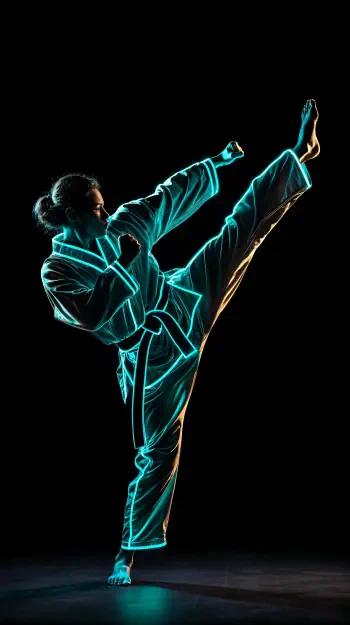 Phone wallpaper of a karate practitioner in glowing outlines, performing a high kick against a black background, designed for iPhone and Android screens.
