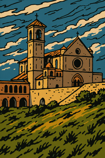 Illustration of a historic monastery with a tall bell tower against a cloudy sky, surrounded by greenery, designed as a phone wallpaper for iPhone and Android devices.