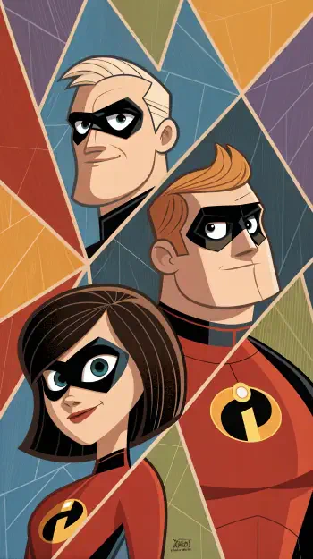 Phone wallpaper featuring stylized portraits of Mr. Incredible, Elastigirl, and Dash from The Incredibles against a geometric, colorful background, compatible with iPhones and Android devices.