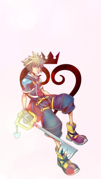 Phone wallpaper featuring Sora from Kingdom Hearts holding his Keyblade, set against a light background with the iconic heart and crown symbol.