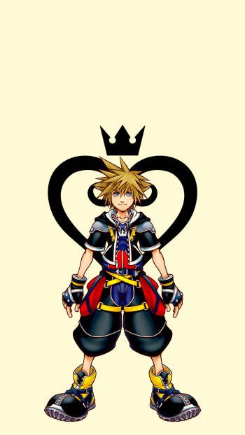 Phone wallpaper featuring Sora from Kingdom Hearts standing confidently with the iconic heart and crown symbol behind him, designed for iPhone and Android screens.