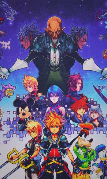 Phone wallpaper featuring Kingdom Hearts characters Sora, Master Xehanort, and others in vibrant colors, designed for iPhones and Android devices.