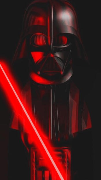 Phone wallpaper featuring Darth Vader from Star Wars holding a glowing red lightsaber, highlighting the iconic antagonist in dark, dramatic tones for iPhone and Android devices.