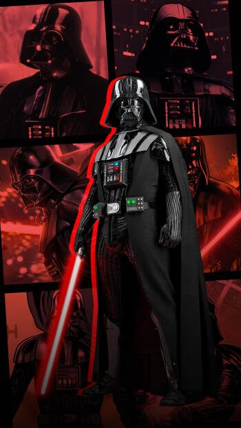 Phone wallpaper featuring Darth Vader from Star Wars wielding a red lightsaber, set against a collage of dark red and black images of the character.