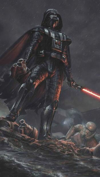 Phone wallpaper featuring Star Wars' Darth Vader wielding a red lightsaber in the rain, with stormtroopers lying on the ground, designed for iPhone and Android screens.