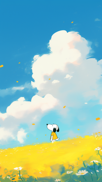 Anime-style illustration of Snoopy standing in a bright yellow field under a vast blue sky with fluffy white clouds, designed as a phone wallpaper for iPhones and Android devices.