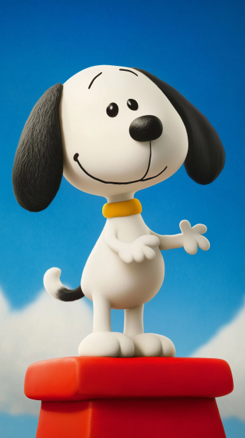 Cartoon Snoopy with a yellow collar standing on a red doghouse roof against a blue sky, designed as a vibrant phone wallpaper for iPhone and Android devices.