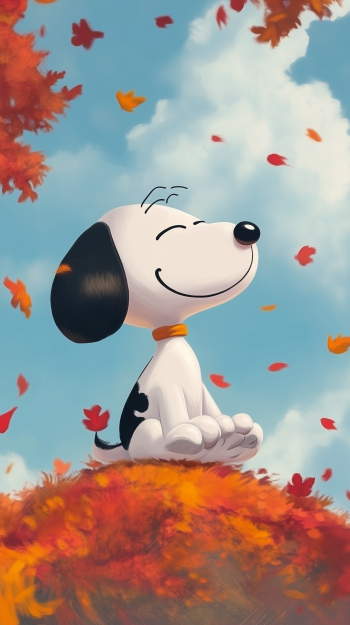 Phone wallpaper featuring Snoopy sitting contentedly on a pile of autumn leaves with colorful leaves falling against a bright blue sky, designed for iPhone and Android screens.