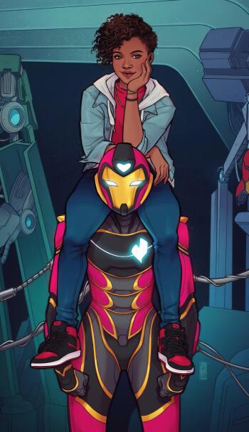 Comic-style wallpaper of Marvel's Ironheart, featuring Riri Williams sitting on the armored Ironheart suit in a high-tech lab setting, designed for iPhone and Android screens.