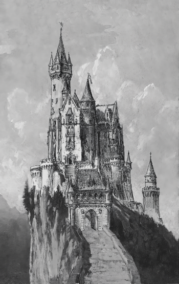 Black and white dark fantasy phone wallpaper depicting a detailed gothic castle perched atop a cliff with towering spires and intricate architecture, fitting for iPhones and Android devices.