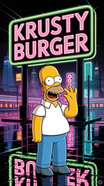 Phone wallpaper featuring Homer Simpson from The Simpsons waving under a neon Krusty Burger sign against a vibrant, rainy cityscape at night, compatible with iPhones and Android devices.