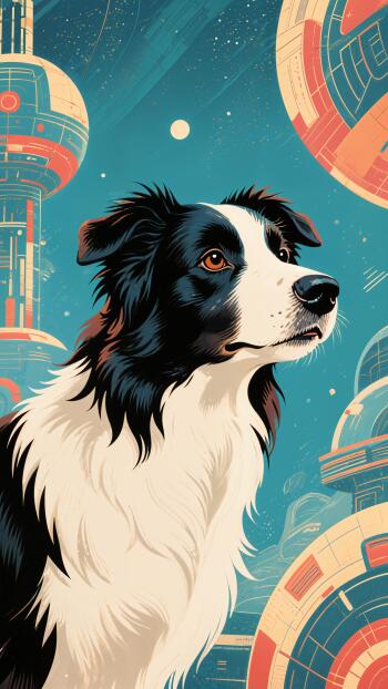 Illustration of a border collie against a cosmic background with futuristic buildings, designed as a vertical phone wallpaper for iPhones and Android devices.