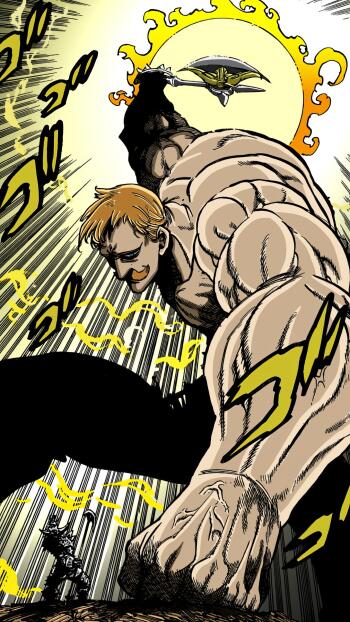 Manga-style wallpaper featuring Escanor from The Seven Deadly Sins with a powerful aura and muscular giga chad pose, set against a radiant sun backdrop for iPhone and Android.