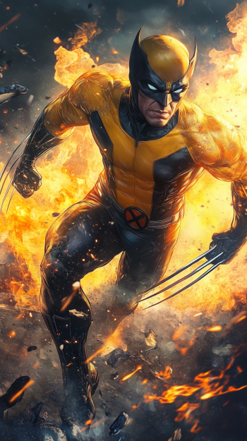 Phone wallpaper featuring Wolverine from X-Men in his yellow and black costume, emerging from intense flames with claws extended, designed for iPhone and Android displays.