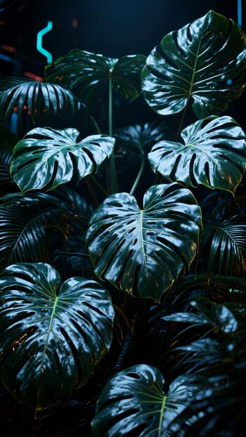 Phone wallpaper featuring glossy tropical leaves in deep green hues, designed to display beautifully on both iPhone and Android screens.