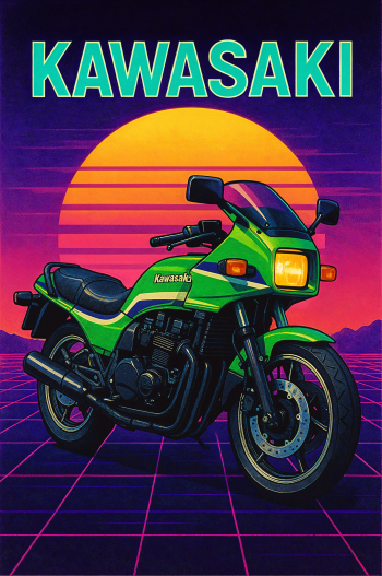 Phone wallpaper featuring a vibrant green Kawasaki motorcycle against a retro sunset with gridlines, designed for both iPhone and Android screens.