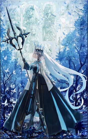 Phone wallpaper featuring a Fate series character in an elegant dark gown with a long trident, set against a mystical blue background with ethereal figures and glowing butterflies.