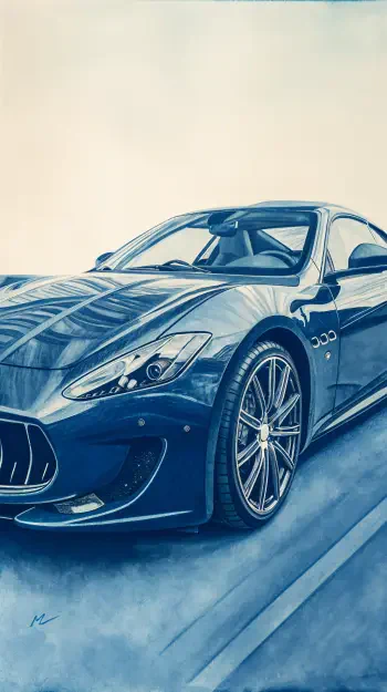 Phone wallpaper featuring a sleek, blue Maserati sports car with detailed reflections, designed to display beautifully on both iPhone and Android screens.
