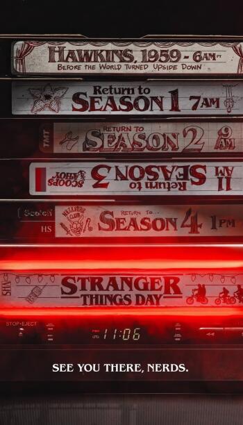 Phone wallpaper featuring Stranger Things VHS tapes stacked with season titles and times, styled for iPhone and Android screens, with the phrase See you there, nerds. at the bottom.