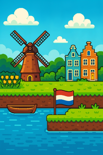 Cartoon-style Netherlands landscape wallpaper for phones, featuring a windmill, tulip field, traditional houses, a boat on water, and the Dutch flag under a bright blue sky.