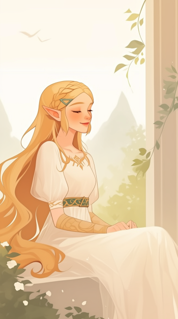 Phone wallpaper depicting Princess Zelda from The Legend of Zelda video game, featuring her in a serene pose with flowing hair and elegant white dress against a soft outdoor background.