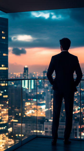 Man in a suit stands on a balcony overlooking a cityscape at sunset, captured in a vertical phone wallpaper format for iPhone and Android devices.