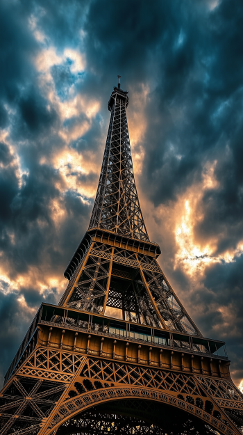 Dramatic view of the Eiffel Tower rising against a moody, cloud-filled sky, captured as a vertical phone wallpaper for iPhone and Android screens.