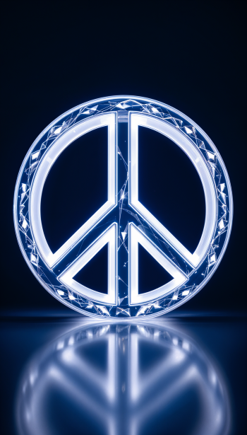 Glowing crystal peace symbol with intricate facets and blue light reflection on a dark background, designed as a phone wallpaper for iPhones and Android devices.