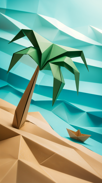 Caribbean-themed phone wallpaper featuring a stylized origami palm tree on a sandy shore with a small paper boat floating on blue water. Works on iPhones and Android phones.