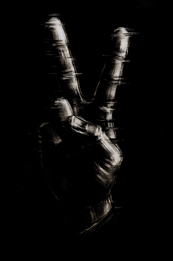 Phone wallpaper featuring a glitch-style peace sign hand gesture on a black background, designed for use on iPhones and Android devices.