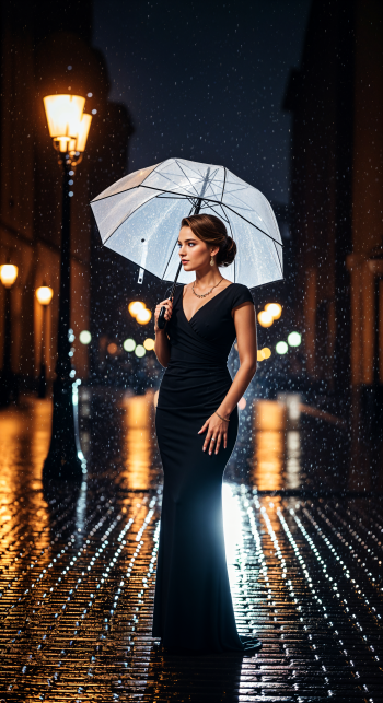 Phone wallpaper showing a woman in a black dress holding a transparent umbrella in the rain on a wet, lamppost-lit street at night, with reflections on the pavement.