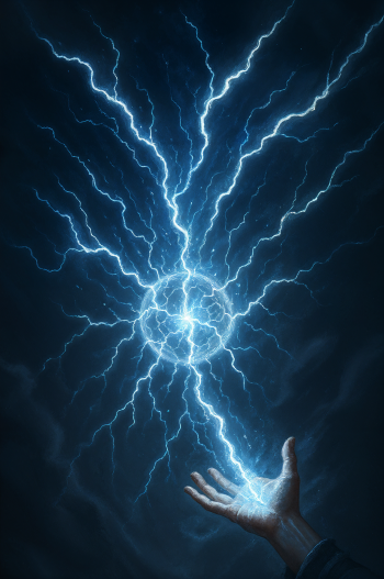 Phone wallpaper featuring a glowing hand casting an intense lightning spell, with vibrant electric blue bolts spreading against a dark background, designed for iPhone and Android screens.