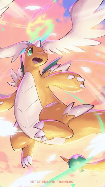 Phone wallpaper featuring Mega Dragonite from Pokémon Legends Z-A, soaring with wings spread against a vibrant, pastel sky.