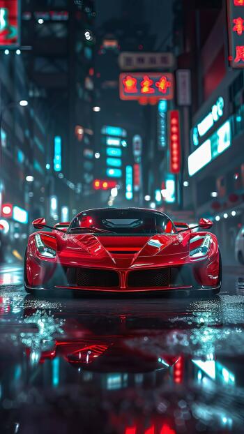 A sleek red Ferrari LaFerrari sports car parked on a glistening city street at night, with neon signs reflecting on the wet pavement, designed as a phone wallpaper for iPhones and Android.