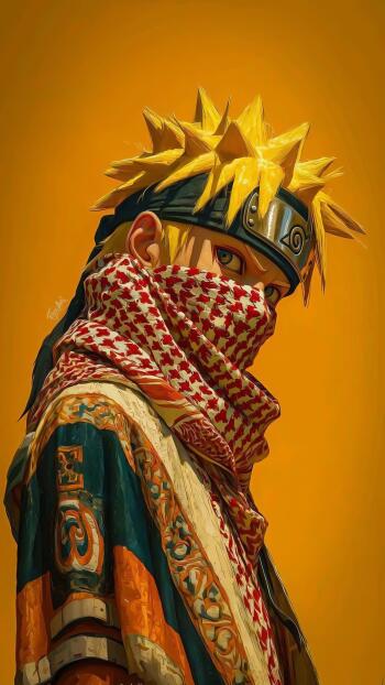 Phone wallpaper featuring anime character Naruto Uzumaki in vibrant orange tones, wearing a red patterned scarf and headband, against a solid orange background.