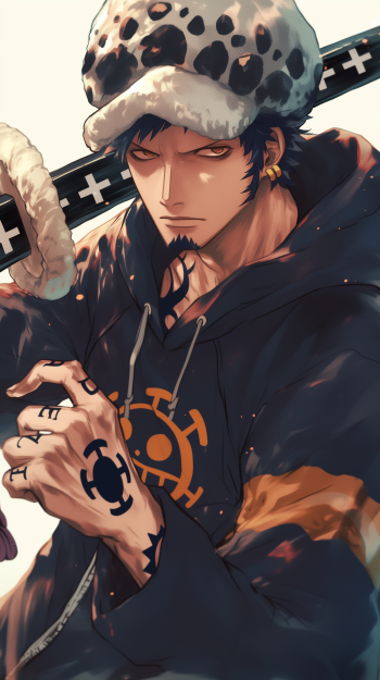 Anime phone wallpaper featuring Trafalgar Law from One Piece, showing him with his signature spotted hat, tattoos, and intense expression, designed for iPhone and Android screens.