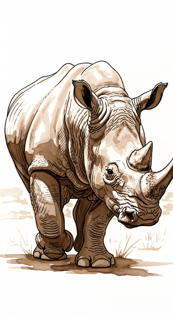 Illustration of a rhinoceros in earthy tones, designed as a phone wallpaper compatible with both iPhone and Android screens.