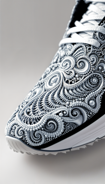 Close-up of a shoe with intricate black and white swirling patterns, displayed as a stylish phone wallpaper for both iPhones and Android devices.