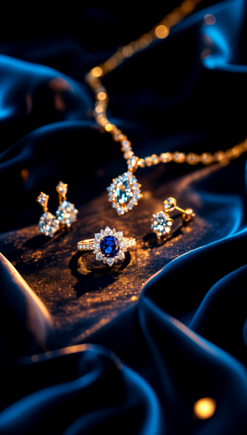 Phone wallpaper featuring elegant sapphire and diamond jewelry set on rich blue velvet, designed to enhance iPhone and Android displays with a luxurious touch.
