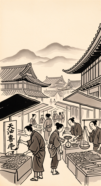 Vintage-style Asian marketplace scene with merchants and shoppers, set against traditional buildings and misty mountains, designed as a business-themed phone wallpaper for iPhones and Android.
