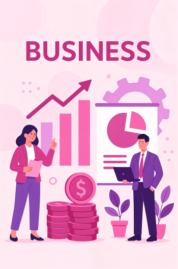 Phone wallpaper featuring business professionals with financial charts, graphs, and coin stacks in pink tones, compatible with iPhone and Android devices.