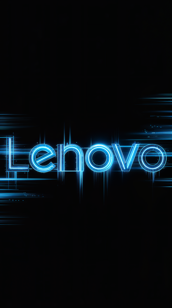 Lenovo logo in glowing blue neon on a black background, designed as a phone wallpaper compatible with iPhones and Android devices.