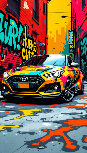 Vibrantly painted Hyundai car in a graffiti-filled urban alley, designed as a dynamic phone wallpaper for iPhones and Android devices.