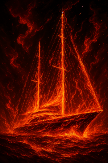 Phone wallpaper featuring a glowing, fiery yacht sailing through flames and dark waters, designed for clear display on iPhones and Android phones.