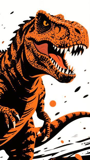 Phone wallpaper featuring a bold, orange and black illustrated Tyrannosaurus Rex with sharp teeth, designed for use on iPhones and Android phones.
