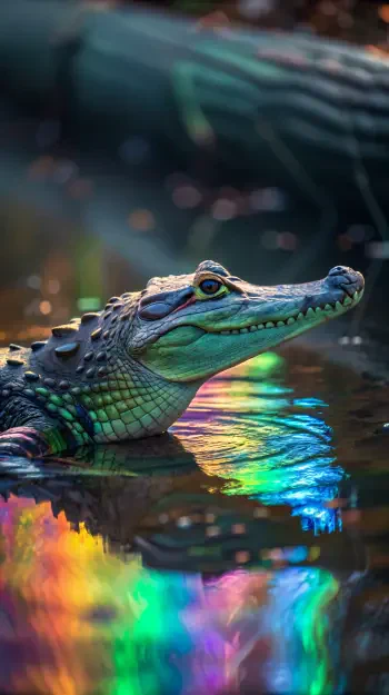 Close-up of an alligator partially submerged in water reflecting vivid rainbow colors, designed as a striking phone wallpaper for iPhones and Android devices.